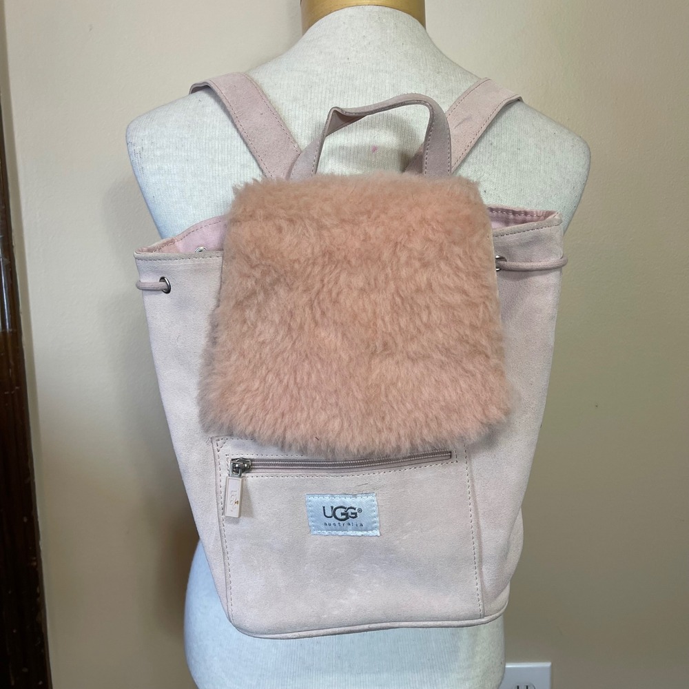 UGG Australia Pink Suede Shearling Fur Mini Backpack Drawstring‎ Bag